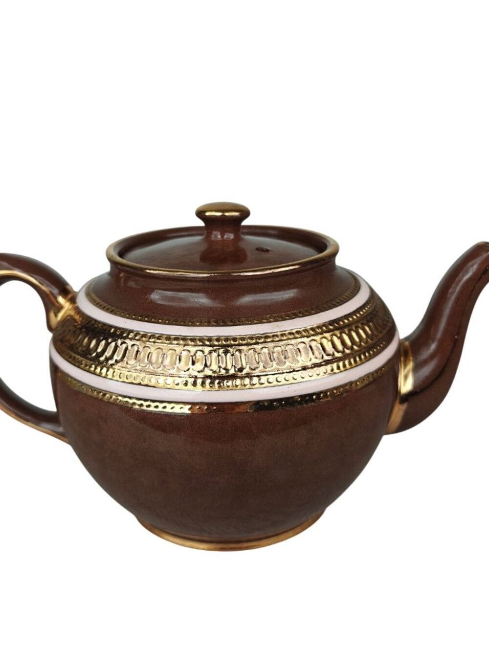 Vintage Sadler Ceramic Teapot Brown & Gold Glossy Embossed MCM England